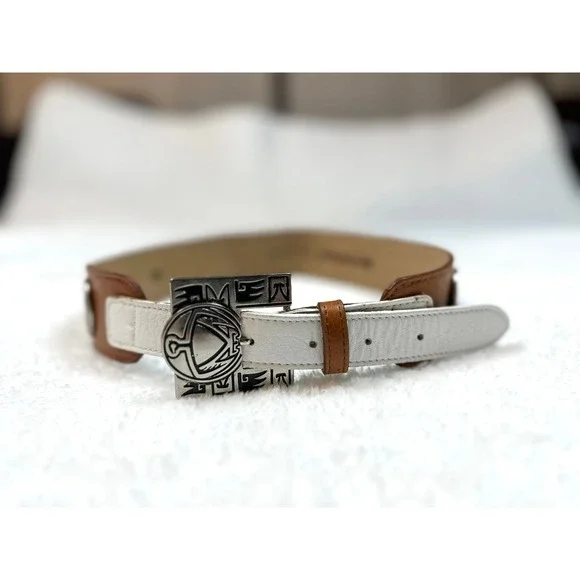 vtg Ginnie Johansen Womens leather belt 24S 50877 aztec metal buckle Thunderbird - Picture 3 of 9